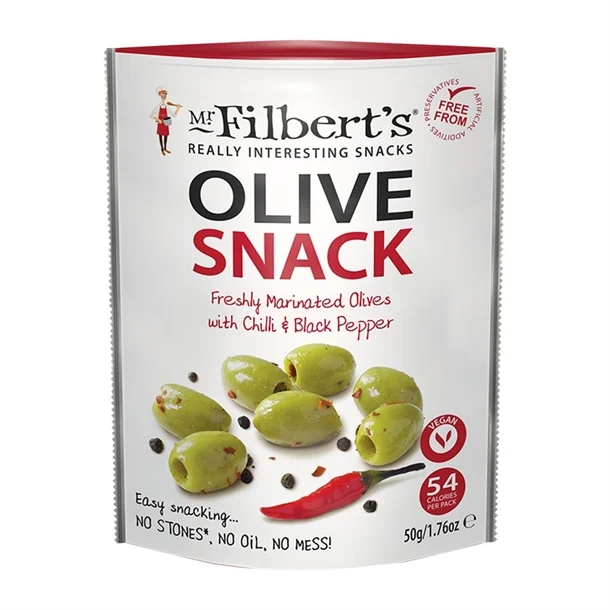Mr Filbert's Green Olives Chilli & Black Pepper 50g (12 Pack) 1 Mr Filbert's Green Olives Chilli & Black Pepper 50g (12 Pack)